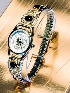 VTG Solid Silver/Onyx Navajo Tips Golden Accents Indian Watch Expanding Band